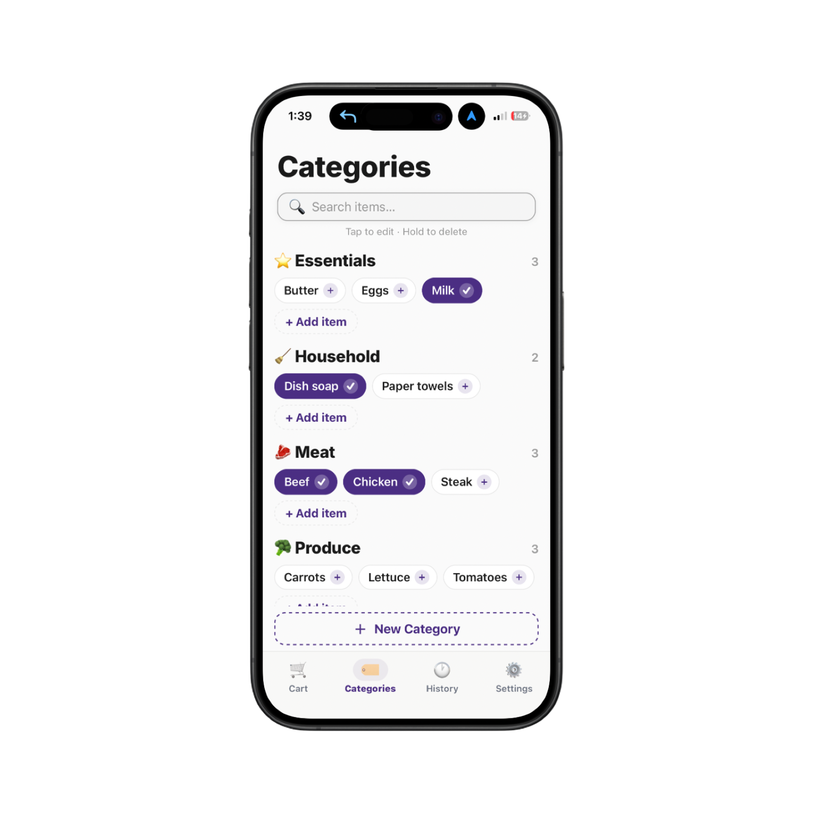 Categories screen