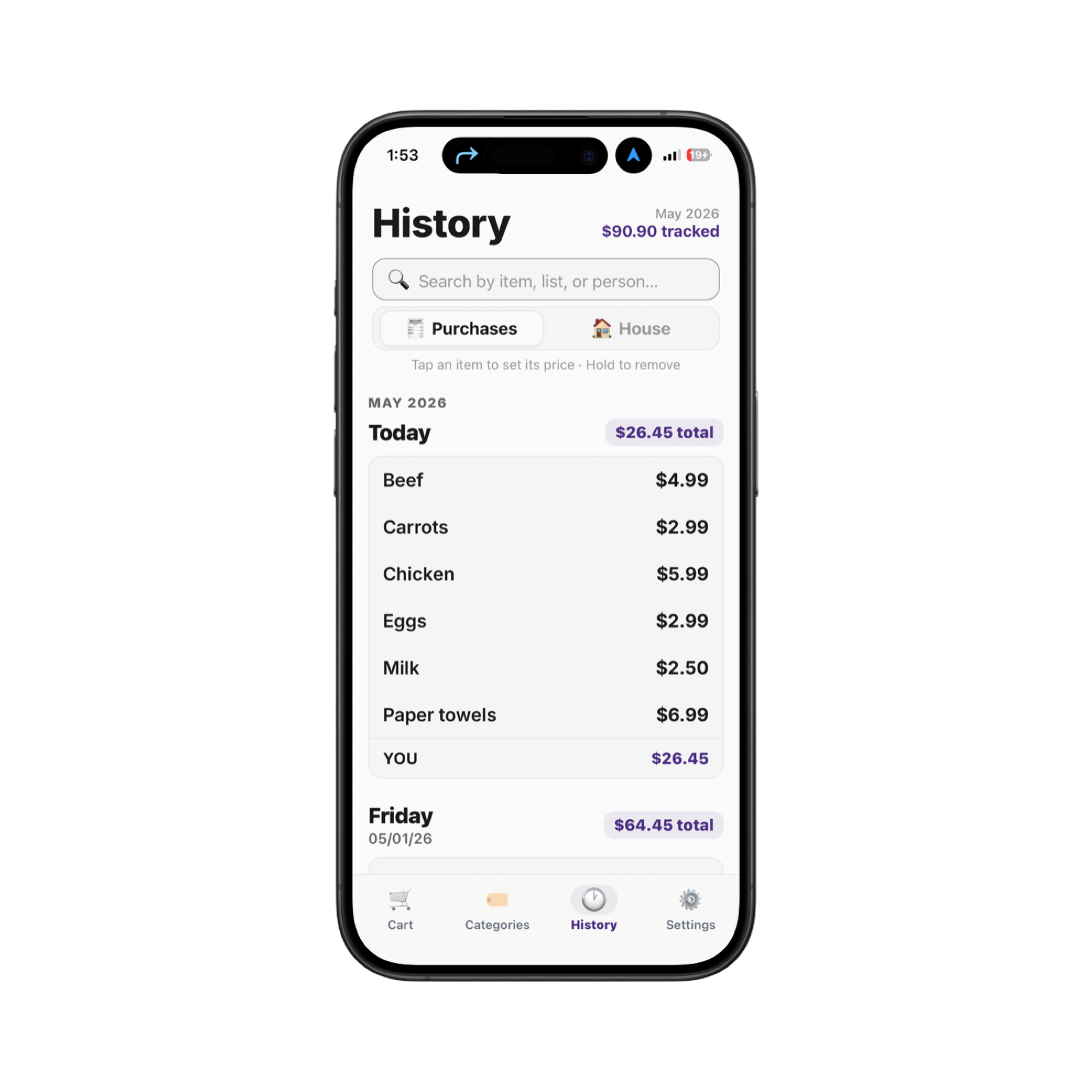Purchase history screen